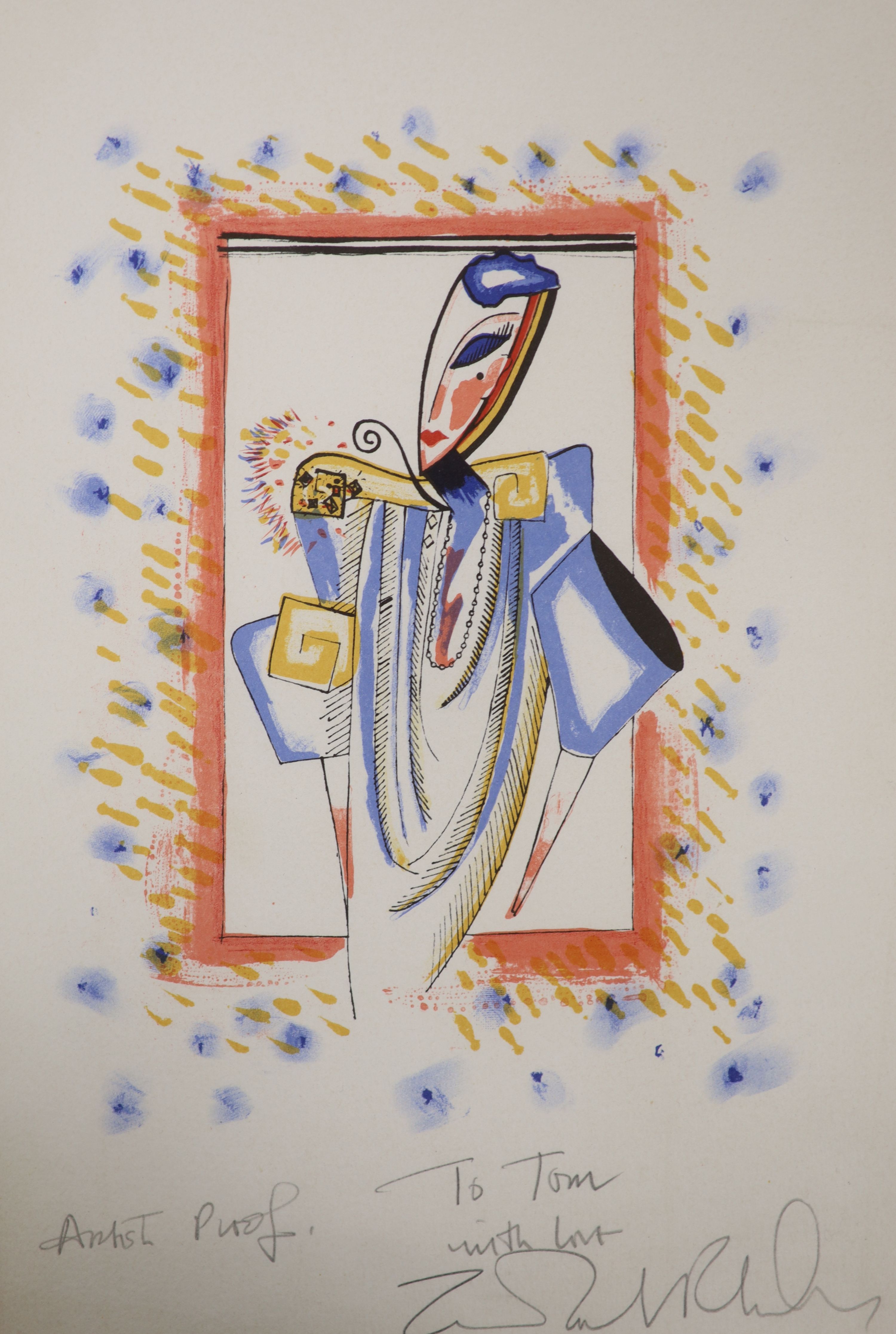 Zandra Rhodes, artist's proof print, costume design, signed in pencil and inscribed 'To Tom', 34 x 23cm